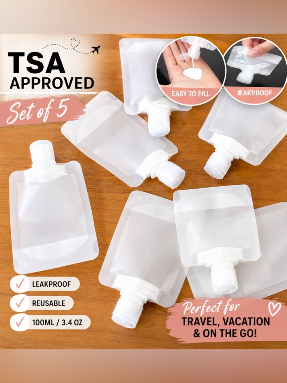 TSA Approved Travel Bottles Set of 5
Leakproof Refillable Toiletry Pouches